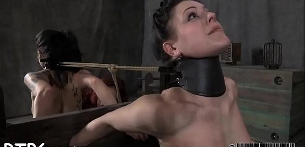  Tied and tossed up beauty receives toy gratifying for her twat